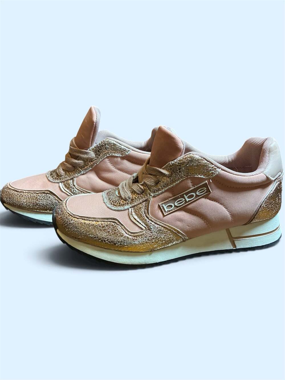 bebe Women's Bardot Sneakers Blush Pink Rose Gold Metallic Faux Skin